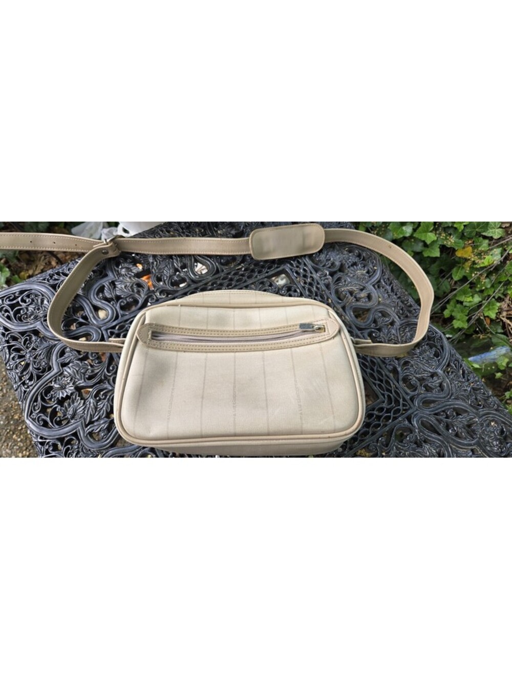 Vintage Claiborne Crossbody Purse Cream and Tan Light Stripes Vegan Faux Leather